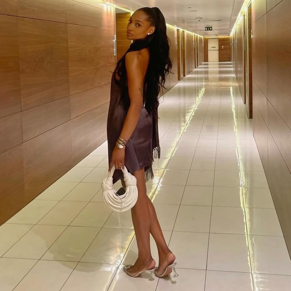 Grey satin backless, high neck Dress
